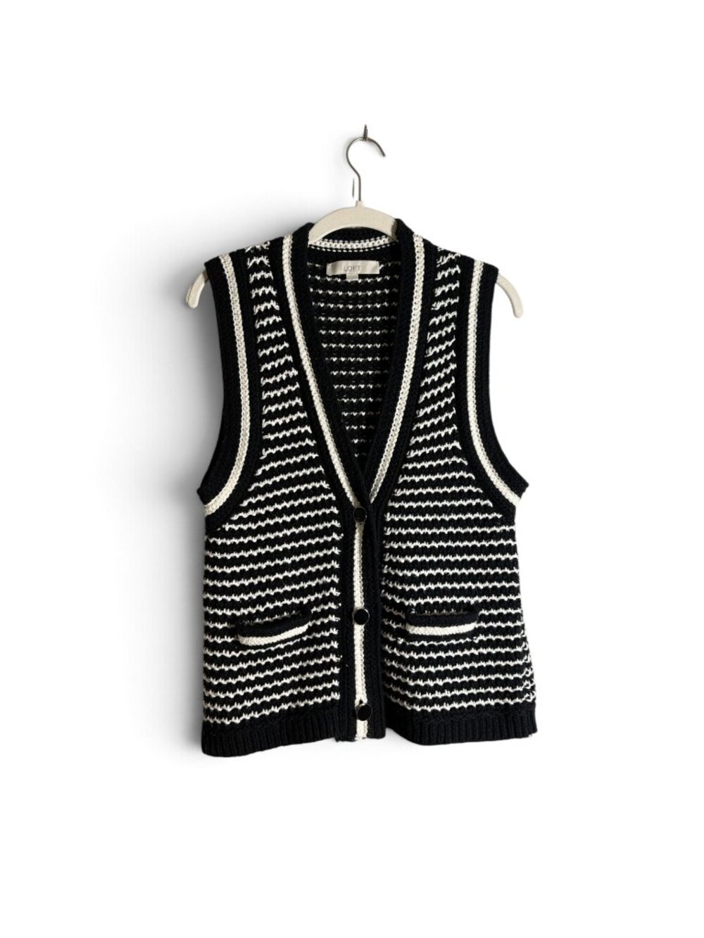 LOFT Black & White Knit Button-Down Sweater Vest Medium M Sleeveless Cardigan